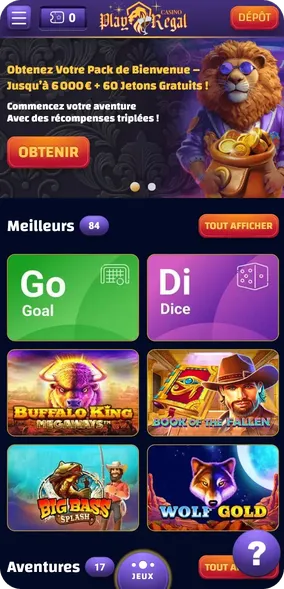 écran principal du casino