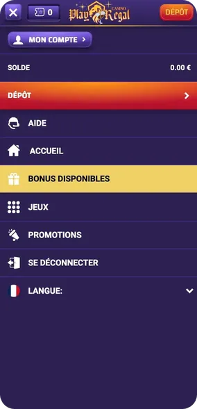 Menu du casino